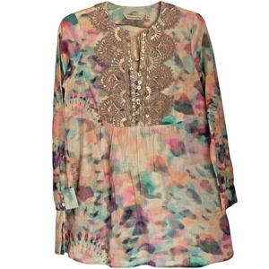 NWT Soft Surroundings Embroidered Beaded Tie Dye Tunic Top Cotton Boho XS